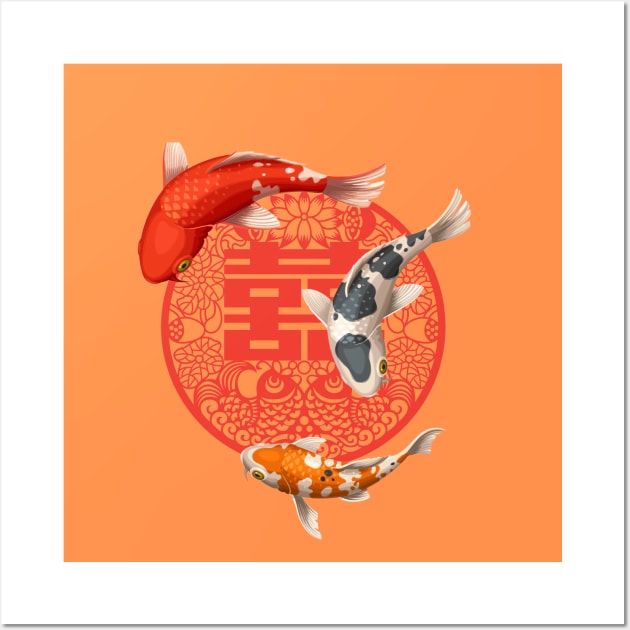 Double Happiness Koi Fish Orange with Red Symbol - Hong Kong Retro Wall Art by CRAFTY BITCH